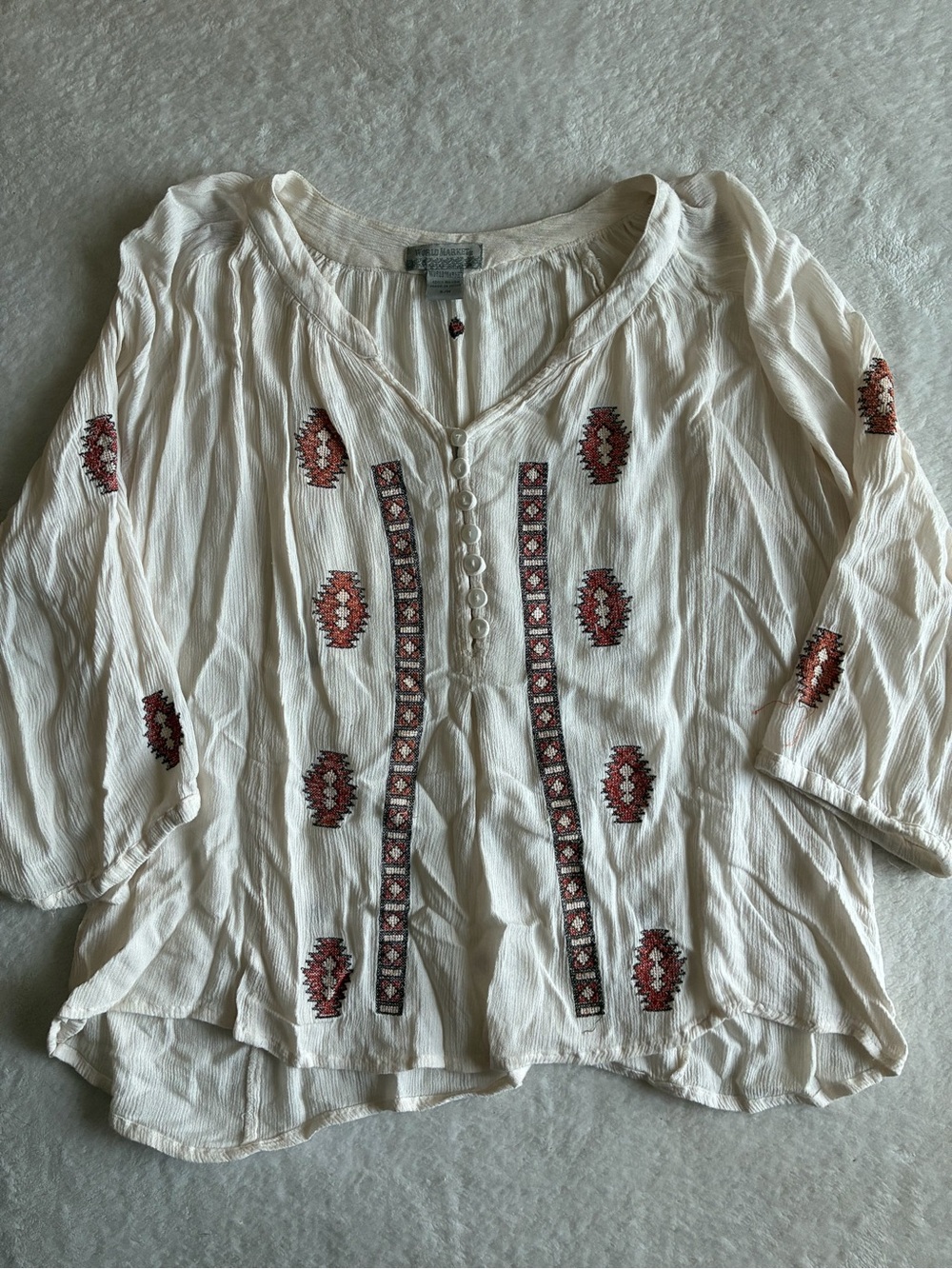 Cost Plus World Market Cream Boho Embroidered Button-Front Tunic